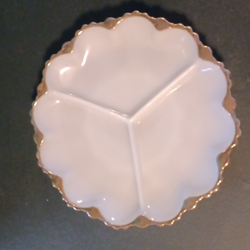 Vintage Anchor Hocking Scalloped Milk Glass Divided Serving Plate